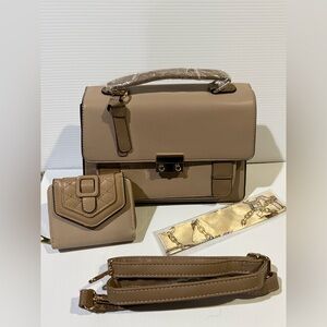 NWT Two Tone Taupe Handbag w/ Crossbody Strap and FREE Wallet, Charm and Twilly!